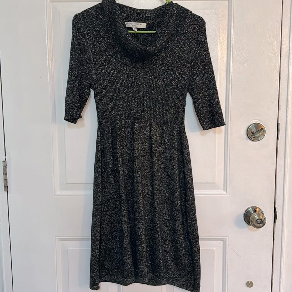 Evan Picone Black and Gold Cowl Neck Sweater Dress MP